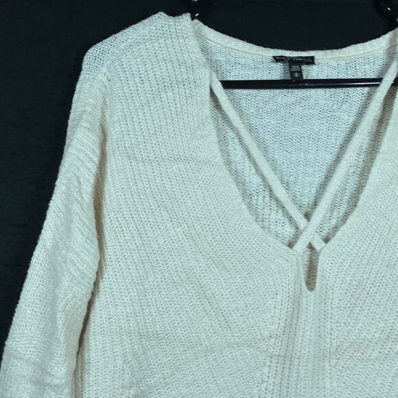 Express Womens Sweater Cream V Neck Criss Cross Slit Back Knit Cotton Blend M - Picture 4 of 12